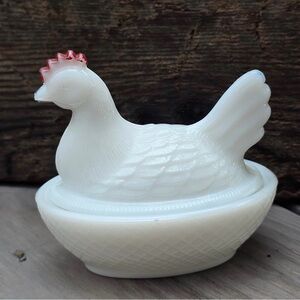 Mini White Glass Hen on Nest Dish